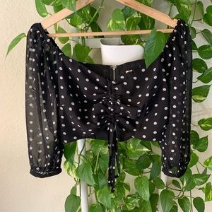RENAMED POLKA DOT RUCHED OFF THE SHOULDER CROP TOP